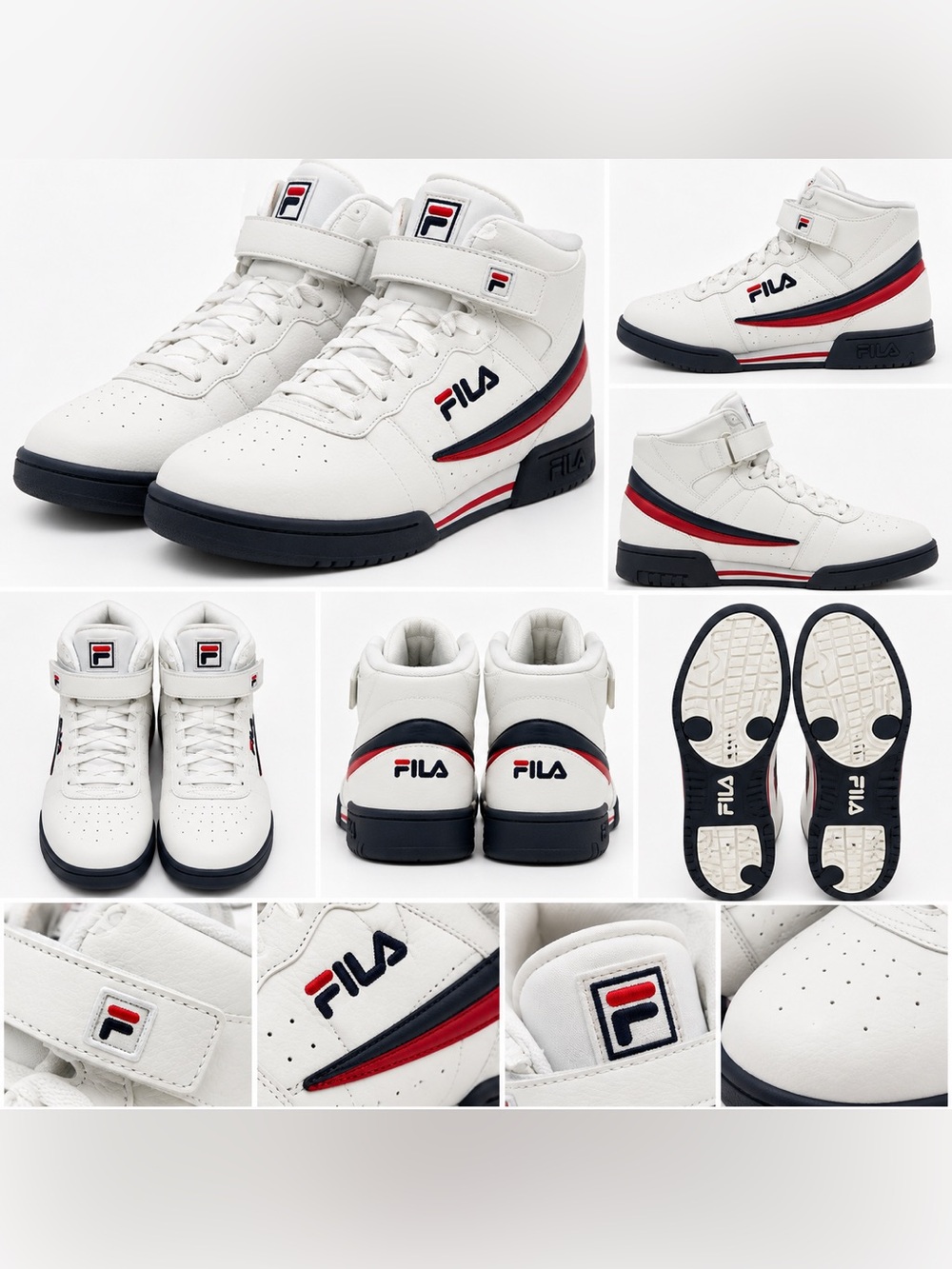 Fila F-13 White High-Top Sneakers with Red & Navy Accents